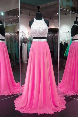 Long Pink Two Pieces Beaded Sequins Chiffon Prom Dresses Party Evening Gowns 3020311