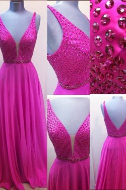 A-Line V-Neck Beaded Long Chiffon Prom Dresses Party Evening Gowns 3020313