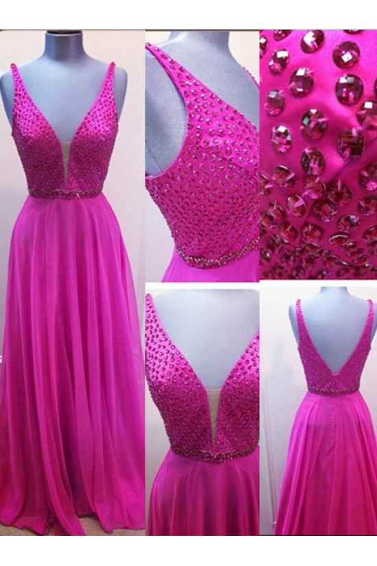 A-Line V-Neck Beaded Long Chiffon Prom Dresses Party Evening Gowns 3020313