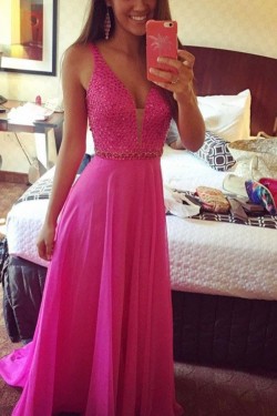 A-Line V-Neck Beaded Long Chiffon Prom Dresses Party Evening Gowns 3020313