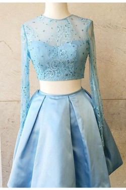 Two Pieces Long Sleeves Lace Satin Short Prom Dresses Party Evening Gowns 3020316