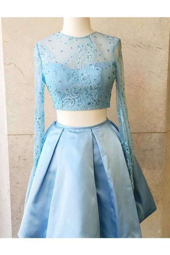 Two Pieces Long Sleeves Lace Satin Short Prom Dresses Party Evening Gowns 3020316 Two Pieces Long Sleeves Lace Satin Short Prom Dresses Party Evening Gowns 3020316