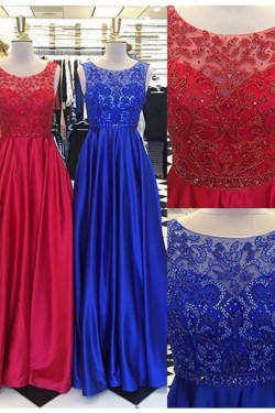 A-Line Lace and Satin Long Prom Dresses Party Evening Gowns 3020318