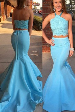 Long Blue Mermaid Halter Two Pieces Prom Dresses Party Evening Gowns 3020319