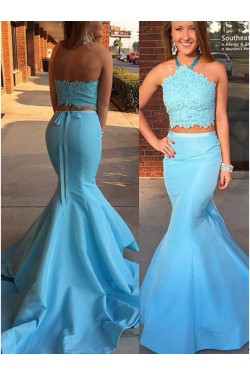 Long Blue Mermaid Halter Two Pieces Prom Dresses Party Evening Gowns 3020319
