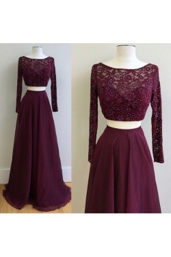 Two Pieces Long Sleeves Lace Chiffon Prom Dresses Party Evening Gowns 3020324