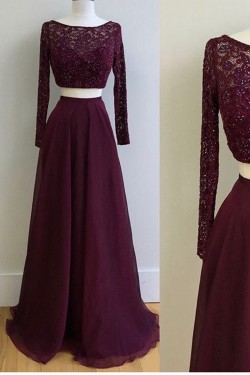 Two Pieces Long Sleeves Lace Chiffon Prom Dresses Party Evening Gowns 3020324