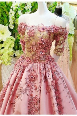 A-Line Off-the-Shoulder Short Sleeve Long Pink Prom Dresses Party Evening Gowns 3020331