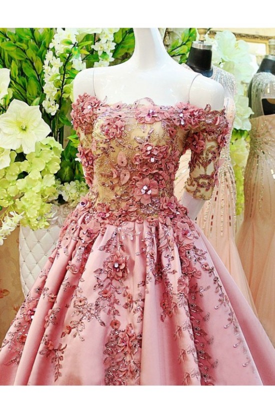 A-Line Off-the-Shoulder Short Sleeve Long Pink Prom Dresses Party Evening Gowns 3020331