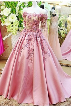 A-Line Off-the-Shoulder Short Sleeve Long Pink Prom Dresses Party Evening Gowns 3020331
