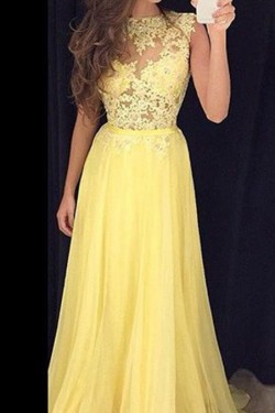 Long Yellow Illusion Bodice Lace and Chiffon Prom Dresses Party Evening Gowns 3020335