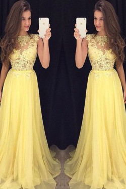 Long Yellow Illusion Bodice Lace and Chiffon Prom Dresses Party Evening Gowns 3020335