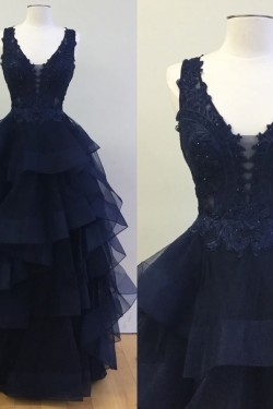 Long Navy V-Neck Lace Prom Dresses Party Evening Gowns 3020338