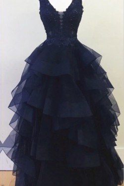 Long Navy V-Neck Lace Prom Dresses Party Evening Gowns 3020338