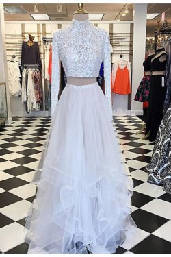 High Neck Long Sleeves Lace and Tulle Two Pieces Prom Dresses Party Evening Gowns 3020340