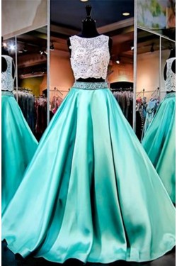 A-Line Two Pieces Keyhole Back Beaded Lace Satin Prom Dresses Party Evening Gowns 3020345