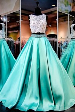 A-Line Two Pieces Keyhole Back Beaded Lace Satin Prom Dresses Party Evening Gowns 3020345