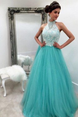 Halter Lace and Tulle Long Prom Dresses Party Evening Gowns 3020346