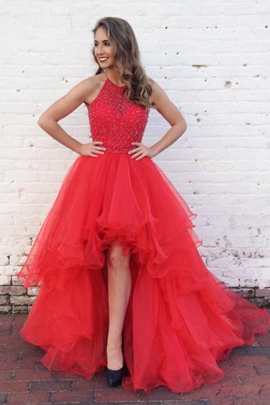 High Low Beaded Red Prom Dresses Party Evening Gowns 3020349