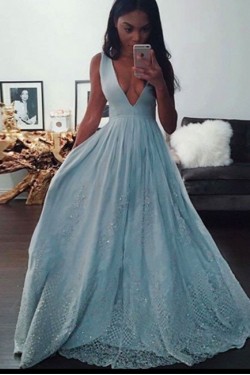 A-Line V-Neck Lace Long Prom Dresses Party Evening Gowns 3020353