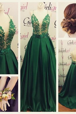Long Green Spaghetti Straps Lace Satin Prom Dresses Party Evening Gowns 3020355