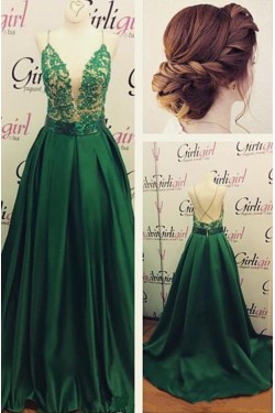 Long Green Spaghetti Straps Lace Satin Prom Dresses Party Evening Gowns 3020355