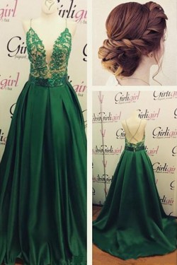 Long Green Spaghetti Straps Lace Satin Prom Dresses Party Evening Gowns 3020355