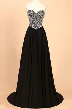 A-Line Sweetheart Beaded Long Black Prom Dresses Party Evening Gowns 3020359