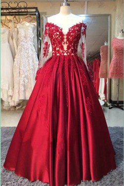 Long Sleeves Lace Satin Off-the-Shoulder Prom Dresses Party Evening Gowns 3020362