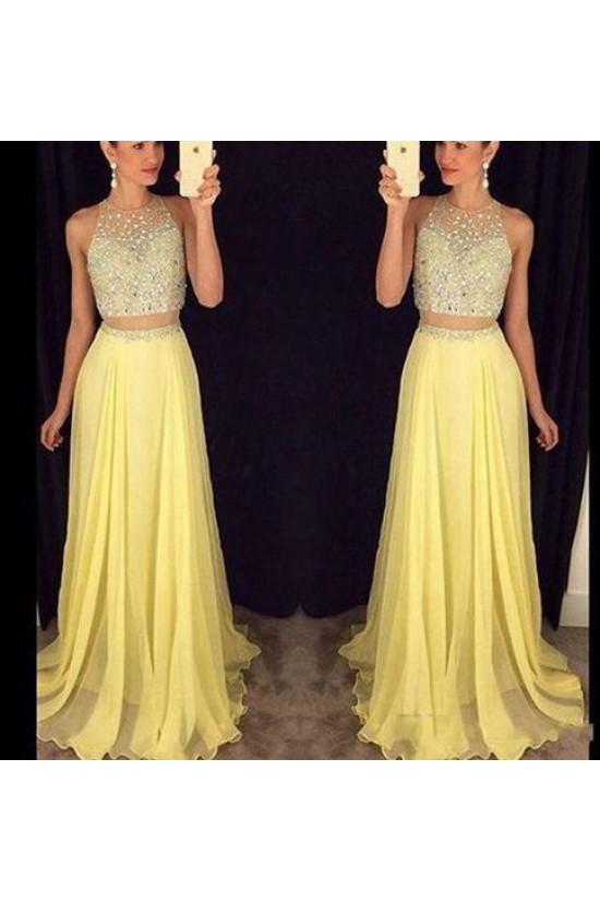 Beaded Two Pieces Yellow Prom Dresses Party Evening Gowns 3020363