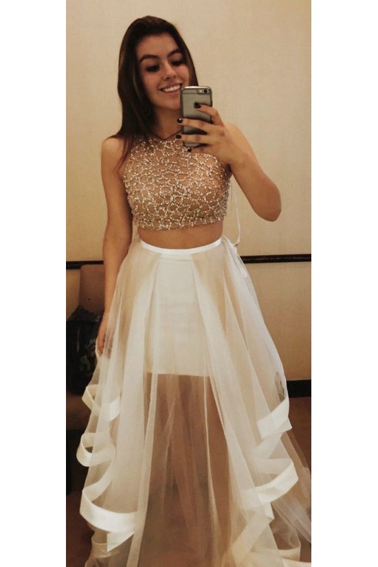 Two Pieces Beaded Sequins Prom Dresses Party Evening Gowns 3020364