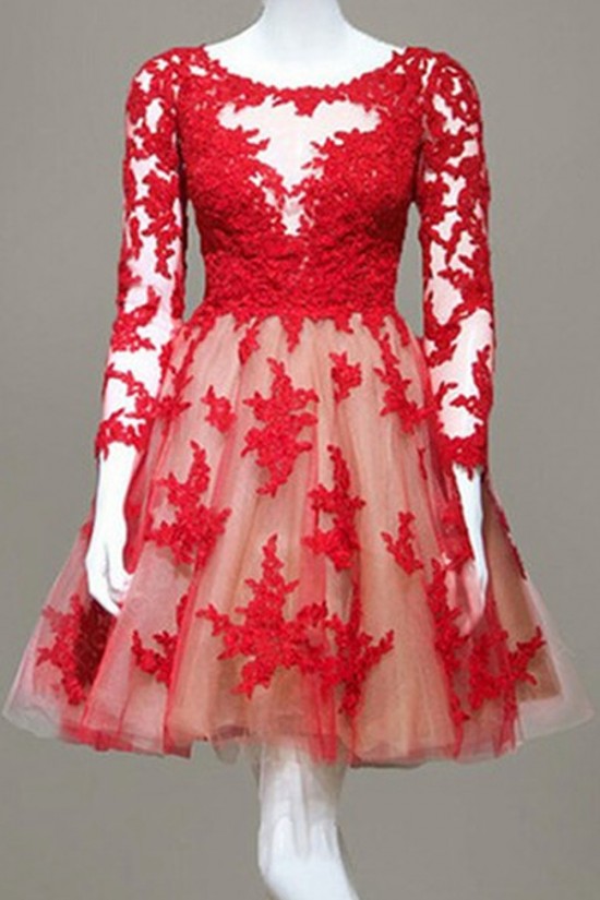 Long Sleeves Lace Red Short Homecoming Cocktail Prom Dresses 3020366