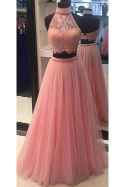 Halter Two Pieces Beaded Lace Prom Dresses Party Evening Gowns 3020367