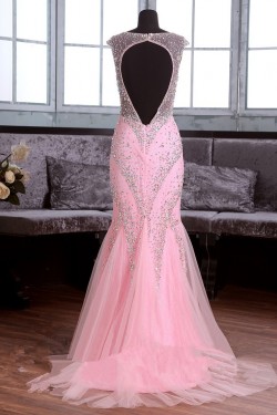 Long Pink Beaded Mermaid Lace Tulle Prom Dresses Party Evening Gowns 3020370