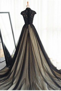 Long Black Lace Tulle Prom Dresses Party Evening Gowns 3020371