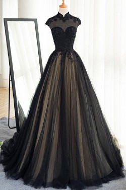 Long Black Lace Tulle Prom Dresses Party Evening Gowns 3020371