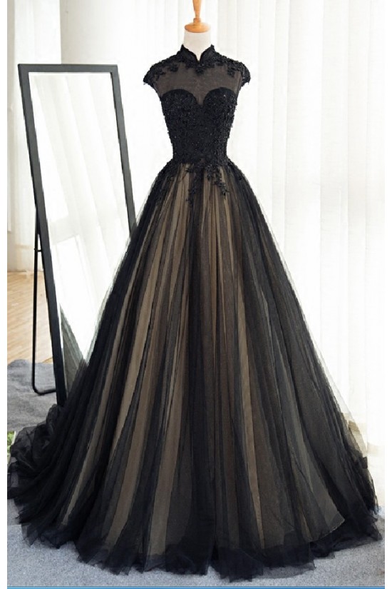 Long Black Lace Tulle Prom Dresses Party Evening Gowns 3020371