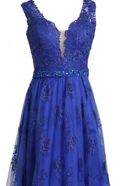 A-Line Long Blue Beaded Lace Prom Dresses Party Evening Gowns 3020372