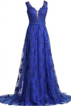 A-Line Long Blue Beaded Lace Prom Dresses Party Evening Gowns 3020372