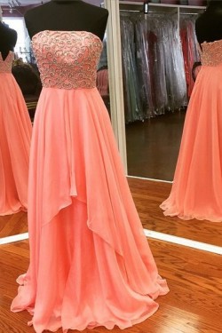 A-Line Strapless Beaded Chiffon Long Prom Dresses Party Evening Gowns 3020374