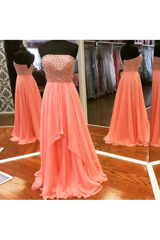A-Line Strapless Beaded Chiffon Long Prom Dresses Party Evening Gowns 3020374
