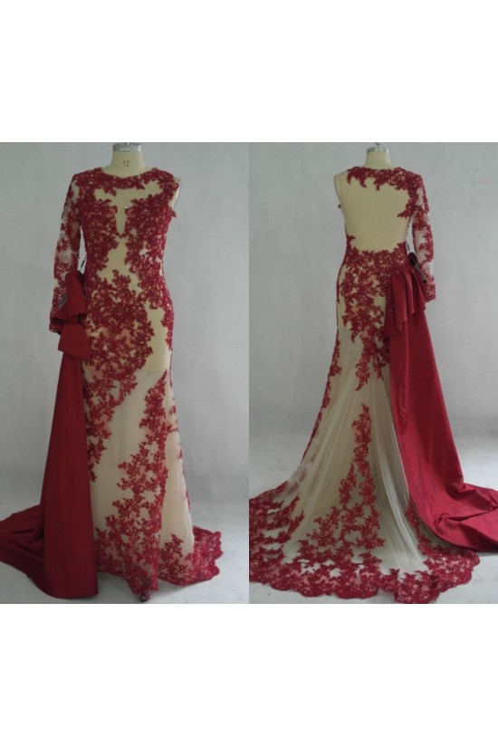 Mermaid One Sleeve Lace Long See Through Prom Dresses Party Evening Gowns 3020375