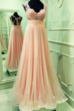 Lace and Tulle Illusion Bodice Long Prom Dresses Party Evening Gowns 3020376