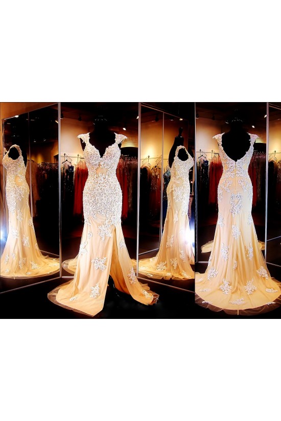 Mermaid Cap Sleeves Lace Long Prom Dresses Party Evening Gowns 3020377