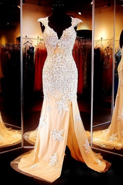Mermaid Cap Sleeves Lace Long Prom Dresses Party Evening Gowns 3020377