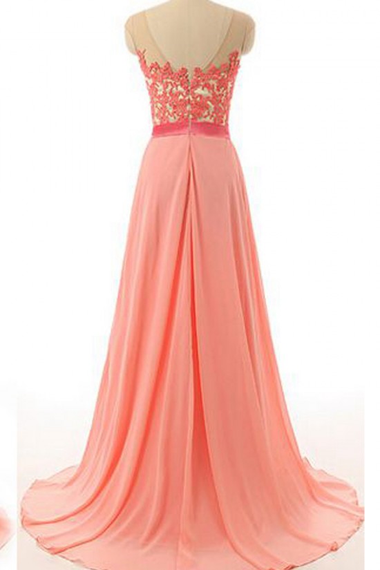 A-Line Illusion Neckline Lace Chiffon Prom Dresses Party Evening Gowns 3020378