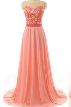 A-Line Illusion Neckline Lace Chiffon Prom Dresses Party Evening Gowns 3020378