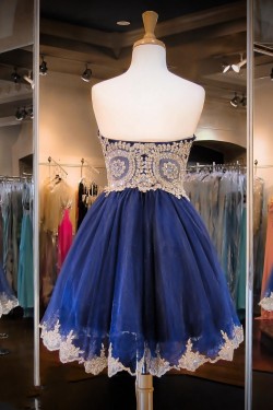 Short Blue Sweetheart Gold Lace Appliques Homecoming Cocktail Prom Dresses 3020379