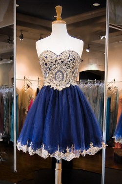 Short Blue Sweetheart Gold Lace Appliques Homecoming Cocktail Prom Dresses 3020379