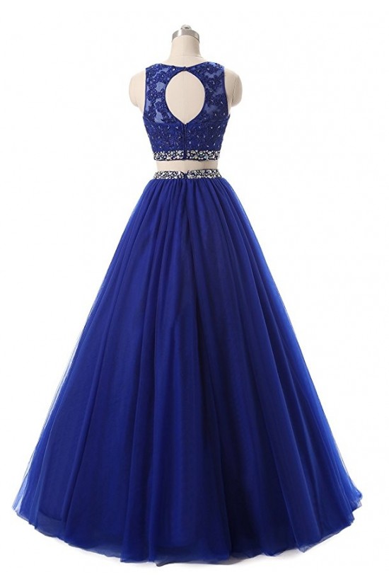Two Pieces Beaded Lace Appliques Long Blue Prom Dresses Party Evening Gowns 3020380